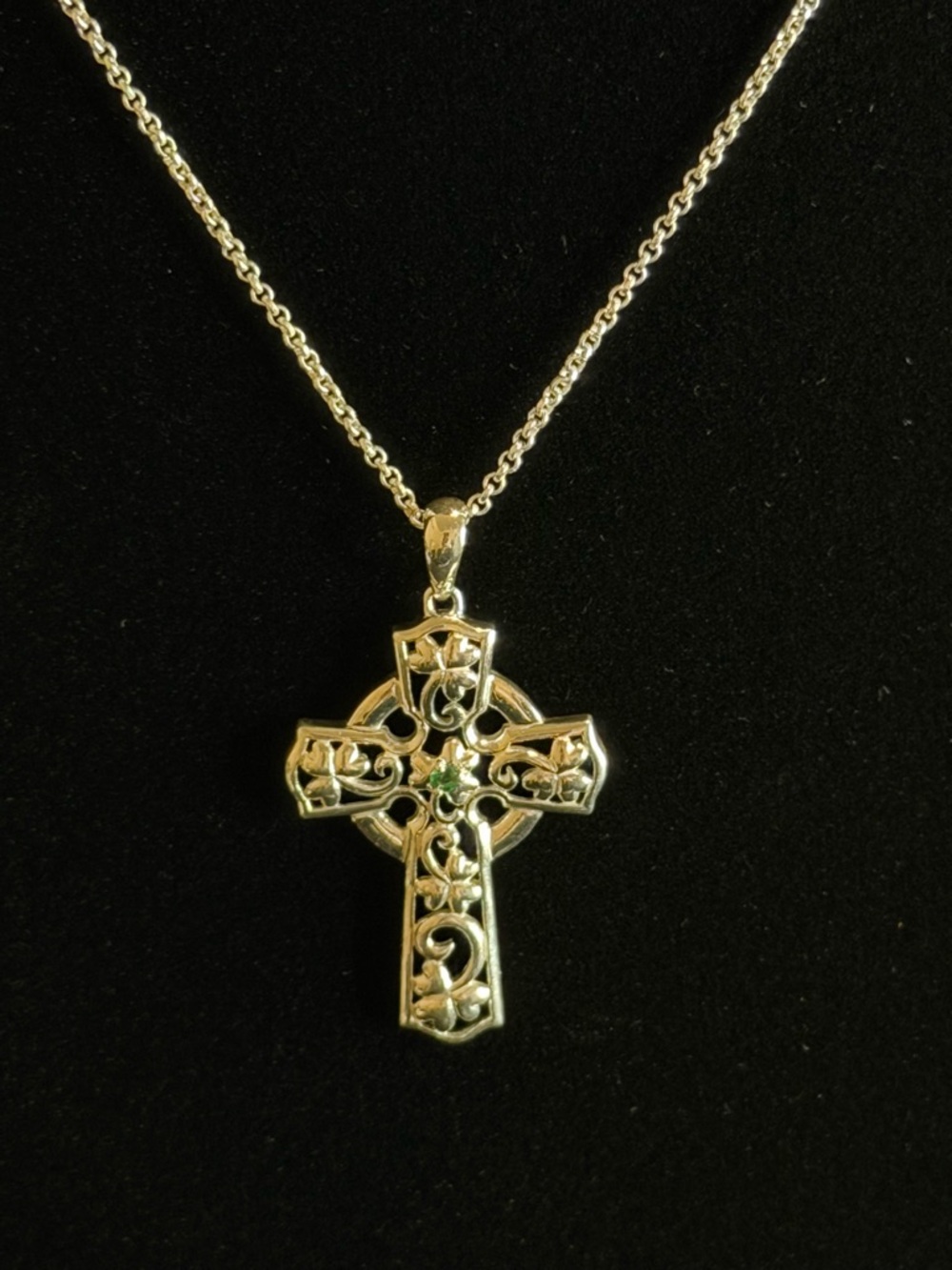 925 Italy Silver Celtic Cross Necklace with Green Stone Accent - Picture 3 of 5